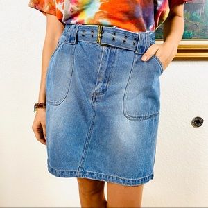Vtg 90s Clio Grommet Belted Denim Mini Skirt, 6